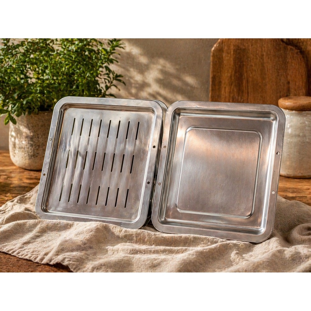 Vintage Square Stainless Steel‎ Steamer Tray Set Slotted and Solid Insert 12.5in